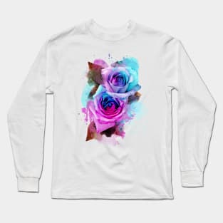 Blue and pink watercolour rainbow roses Long Sleeve T-Shirt